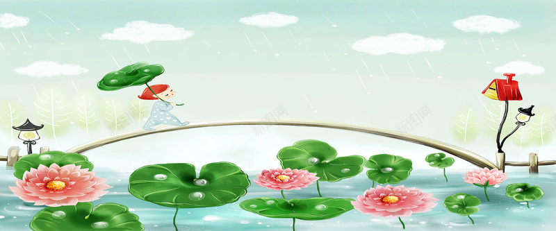 童趣荷叶小桥背景psd设计背景_新图网 https://ixintu.com 荷花 荷叶 桥 海报banner 卡通 童趣 手绘