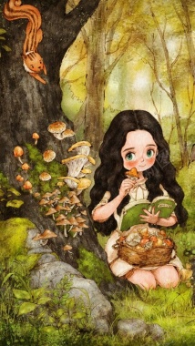 手绘采蘑菇的女孩H5背景背景