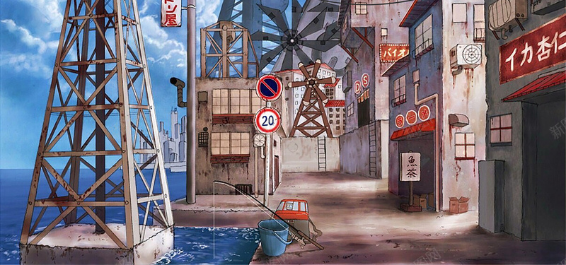 淘宝banner海报大图背景图jpg设计背景_新图网 https://ixintu.com 海报banner 卡通 房子 铁塔 鱼竿 限速牌 童趣 手绘