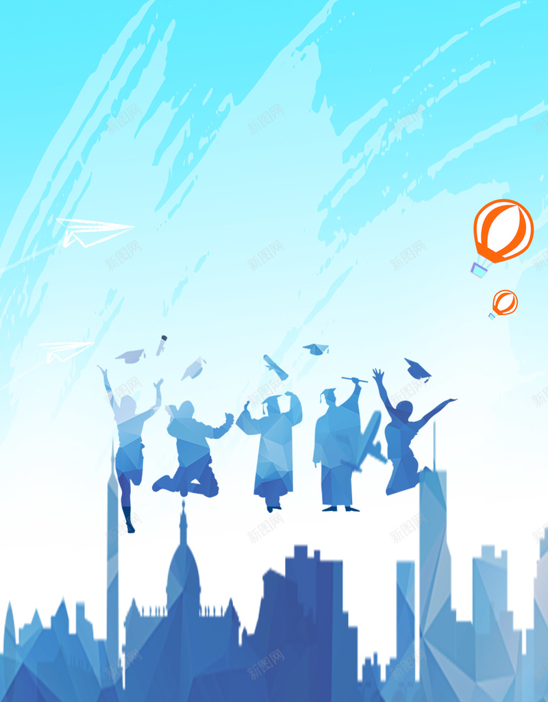 六月毕业季背景素材psd设计背景_新图网 https://ixintu.com 大学生 毕业季 城市 海报 背景 学士帽 蓝色 素材
