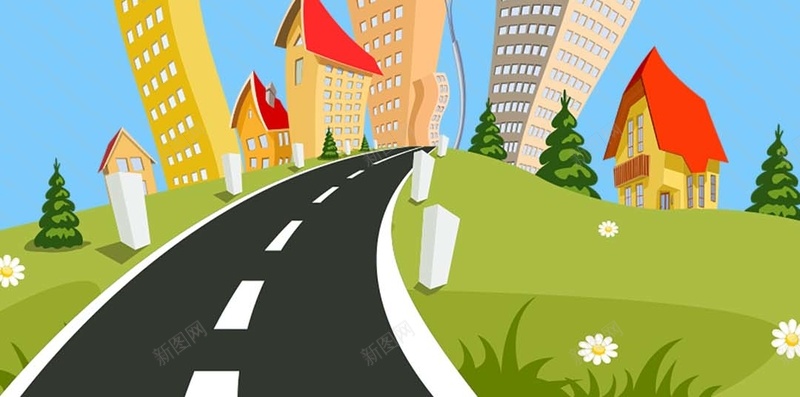 卡通城市地产H5背景psd设计背景_新图网 https://ixintu.com 卡通 城市 地产 飞机 建筑 H5 道路 花卉 草地 童趣 手绘