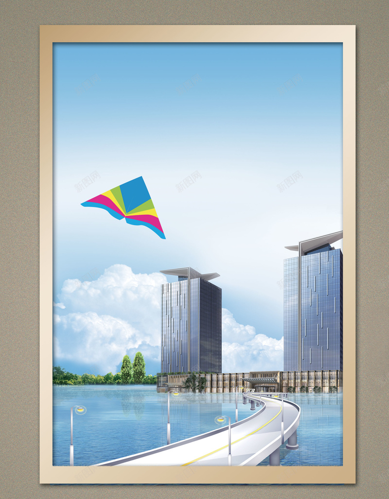 相框城市风景高楼风筝psd设计背景_新图网 https://ixintu.com 城市风景 公路 相框 风筝 高楼 海水 科技 科幻 商务