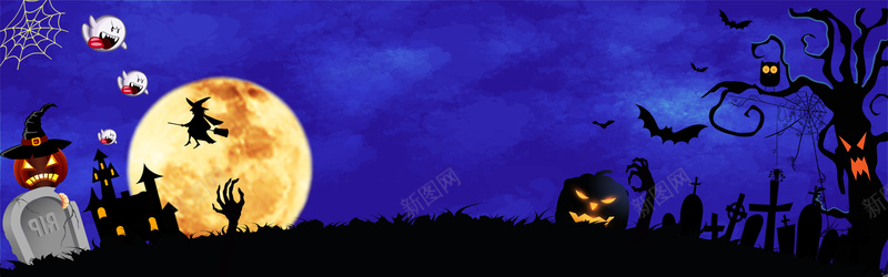 蓝色卡通梦幻万圣节狂欢bannerpsd设计背景_新图网 https://ixintu.com 狂欢banner 万圣节狂欢 万圣节 城堡 梦幻 吸血鬼 南瓜 南瓜灯 蝙蝠 女巫 墓碑 蜘蛛
