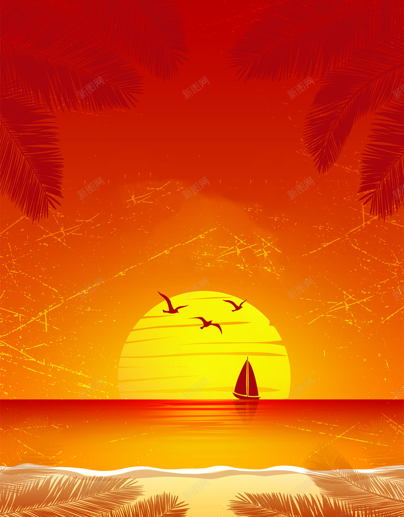 夏季卡通海报背景jpg设计背景_新图网 https://ixintu.com 卡通 夏季 夏日 度假 海滩 童趣 海鸥 夕阳 黄昏 红色