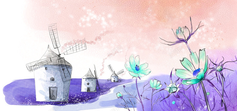 唯美手绘插画背景jpg设计背景_新图网 https://ixintu.com 唯美 手绘 插画 风车 花 田园 海报banner 卡通 童趣
