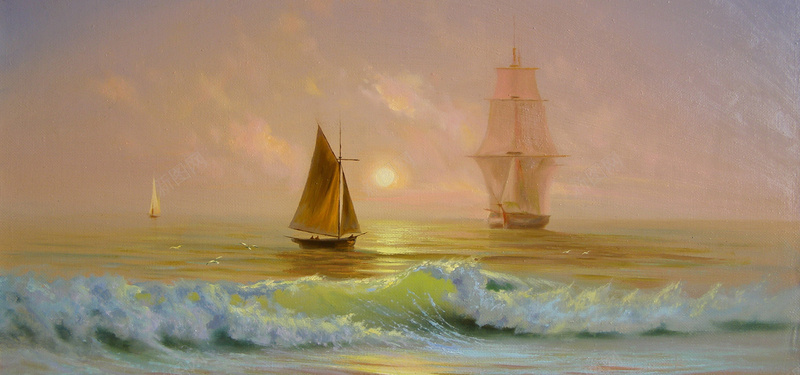 海上帆船油画背景