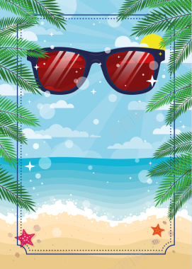 卡通手绘夏季上新棕榈叶海滩度假背景素材背景