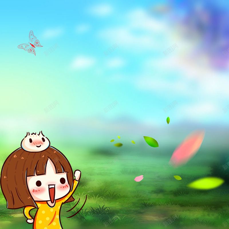 绿色卡通首图psd设计背景_新图网 https://ixintu.com 绿色 卡通 可爱 小女孩 主图 童趣 手绘