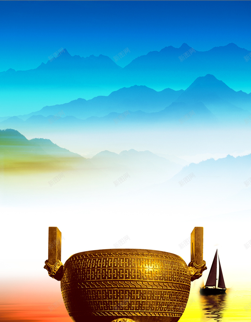 蓝色渐变中国风大鼎PSD分层H5背景素材psd设计背景_新图网 https://ixintu.com 背景素材 中国风 大鼎 渐变 蓝色 PSD分层 H5 云 帆船 水