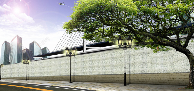 现代商务背景jpg设计背景_新图网 https://ixintu.com 海报banner 建筑 路灯 飞机 树 科技 科幻 商务