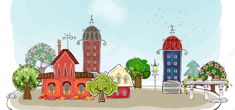手绘风景城市背景psd设计背景_新图网 https://ixintu.com 梦想 手绘插画 手绘城市 手绘房子 手绘楼 手绘树 源文件 手绘风格城市 梦想的城市 psd手绘 海报banner 卡通 童趣 手绘