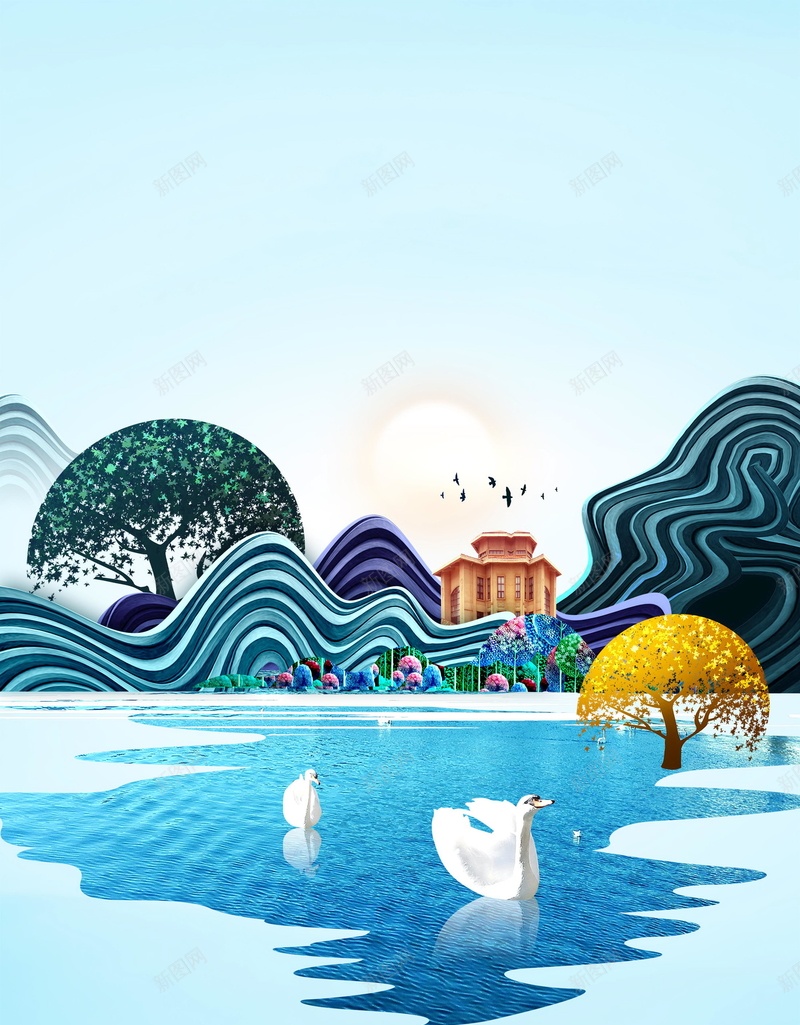 唯美湖景商务房地产PSD分层psd设计背景_新图网 https://ixintu.com 房地产 地产 湖景 湖边 湖面 渔船 白鹭 唯美 创意房地产广告 房地产公园湖景广告 地产湖边美景 分层文件 PSD源文件 高清背景 PSD素材 背景海报 背景素材 背景模板