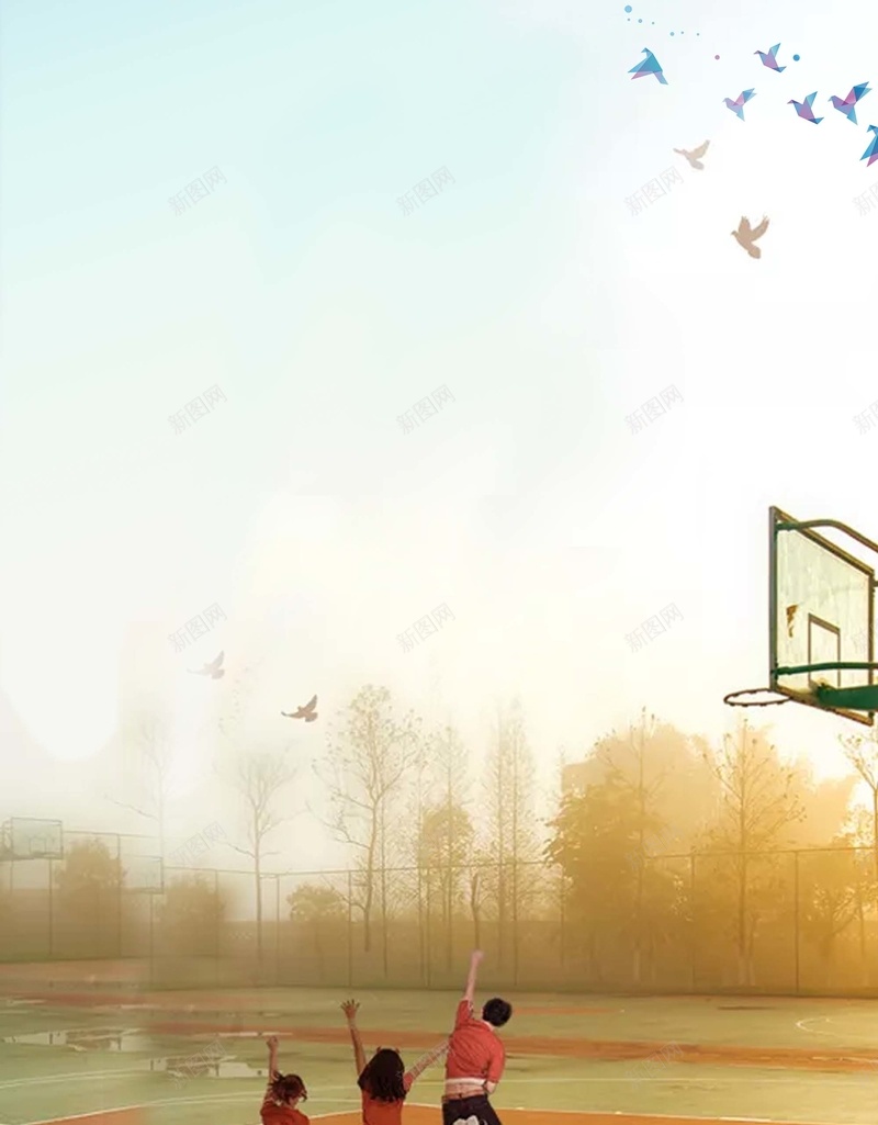 手绘人物毕业季海报psd设计背景_新图网 https://ixintu.com 我们毕业了 青春不散场 篮球场 人物 毕业 我们不分开 树 学校