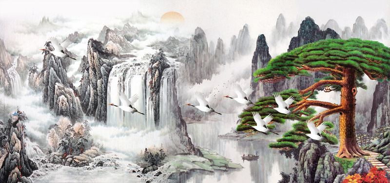山水风景国画jpg设计背景_新图网 https://ixintu.com 中国风 山水 风景 国画 松树 仙鹤 落日 海报banner