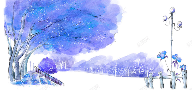 唯美公园手绘背景jpg设计背景_新图网 https://ixintu.com 公园 唯美 手绘 插画 路灯 树木 篱笆 海报banner 卡通 童趣