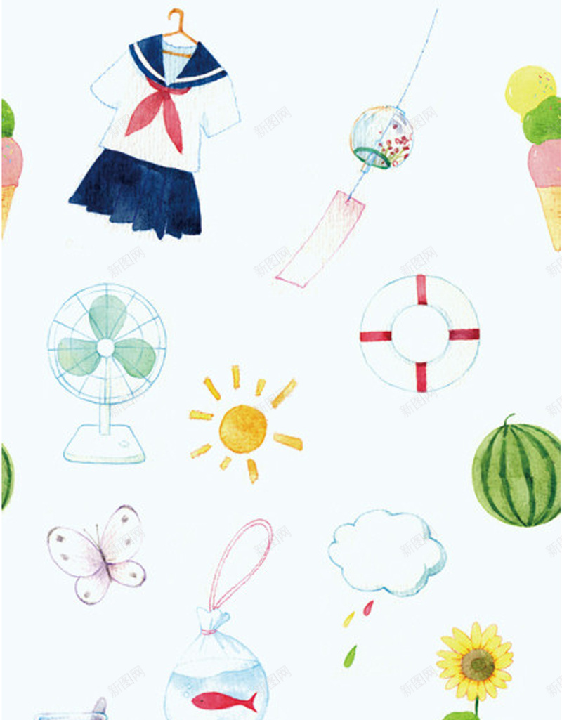 手绘彩色夏日平面广告jpg设计背景_新图网 https://ixintu.com 手绘背景 冰淇淋 夏日 夏装 彩色 西瓜 解暑 平铺风格 插画 壁纸