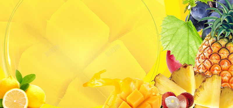 水果黄色扁平bannerjpg设计背景_新图网 https://ixintu.com 扁平黄色 黄色扁平 扁平 水果 黄色 黄色水果 菠萝 葡萄 橘子 苹果