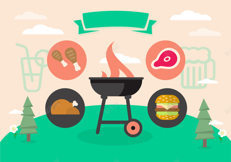 可爱儿童画风格BBQ海报展卡通背景素材jpg设计背景_新图网 https://ixintu.com 户外烧烤背景 卡通 美食 聚会 自然 BBQ 烤肉 烤鱼 乐趣 快乐 食物 背景 可爱 童趣 野营