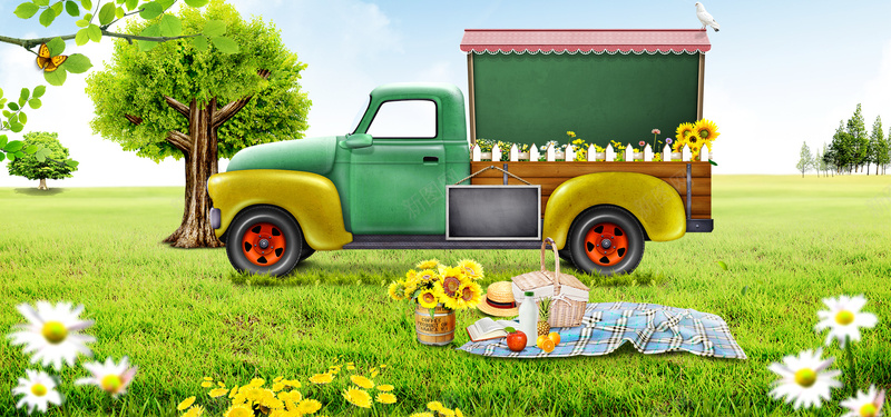 卡通手绘向日葵苹果树蓝色卡车草地海报bannerpsd设计背景_新图网 https://ixintu.com 蓝色卡车 向日葵 苹果树 卡通 手绘 草地 海报banner 童趣