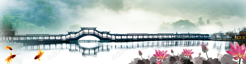 背景风景图jpg设计背景_新图网 https://ixintu.com 背景 荷花 桥 树屋 海报banner 中国风
