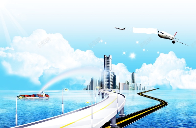海岛城市风景高清背景psd设计背景_新图网 https://ixintu.com 现代城市建筑 海滨城市 跨海大桥 彩虹 飞机 海岛城市风景 集装箱货轮 海滨风景 海报 平面 广告 背景 PSD 素材 模板