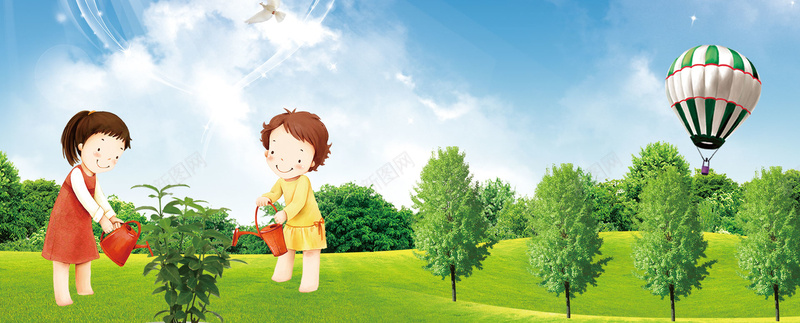 插画背景jpg设计背景_新图网 https://ixintu.com 小孩 植树节 绿树 清新 公益 环保 蓝天 海报banner 卡通 童趣 手绘