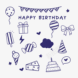 涂鸦圆珠笔线稿生日用品png免抠素材_新图网 https://ixintu.com HAPPY 圆珠笔线稿 五角星 包装盒 周年庆 对话框 生日帽 周年 庆典 底纹 彩旗 气球 甜品 生日 礼物 礼盒 糖果 线稿 蛋糕 蜡烛 闪电