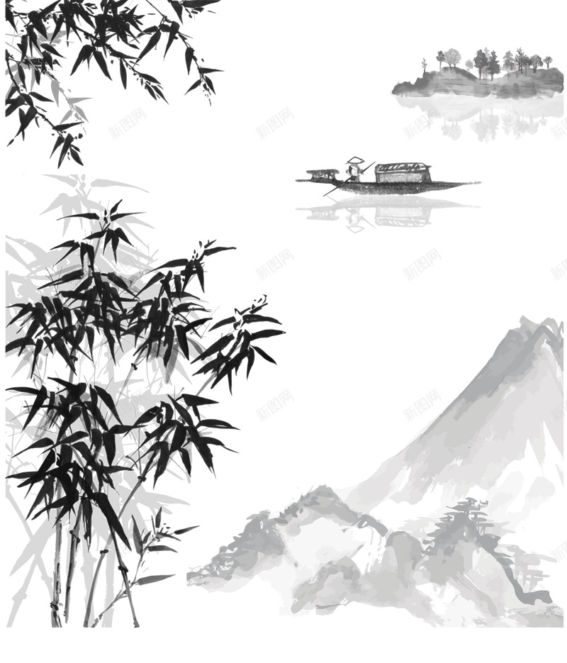 com 中国风 古画 古风山水画 山水柳条 平面装饰 晕染 桥 水墨 水墨画