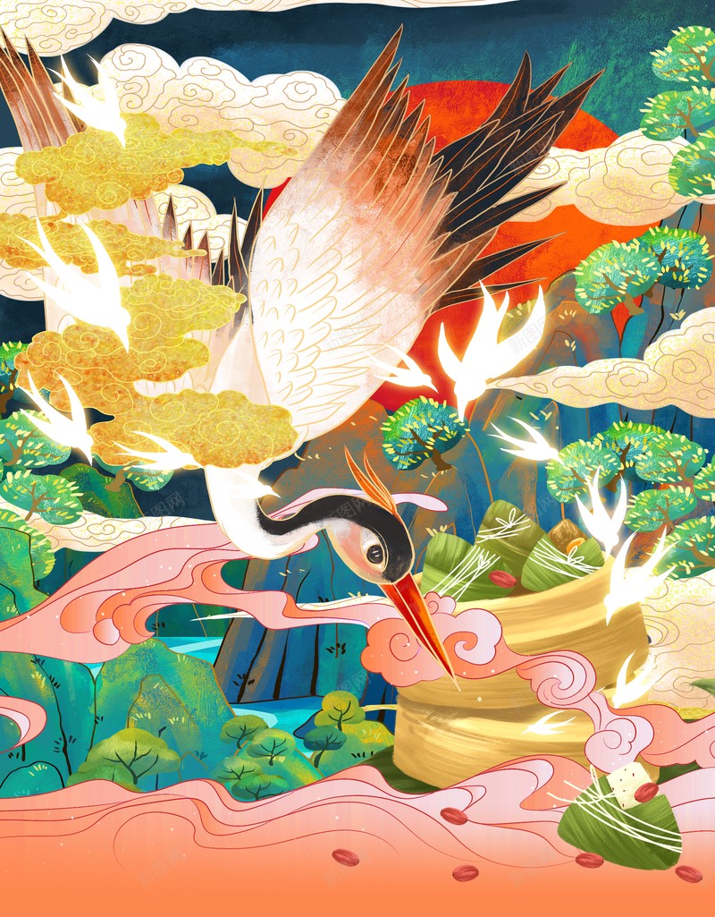 端午节仙鹤祥云粽子树psd设计背景_新图网 https://ixintu.com 仙鹤 树 祥云 端午节 粽子
