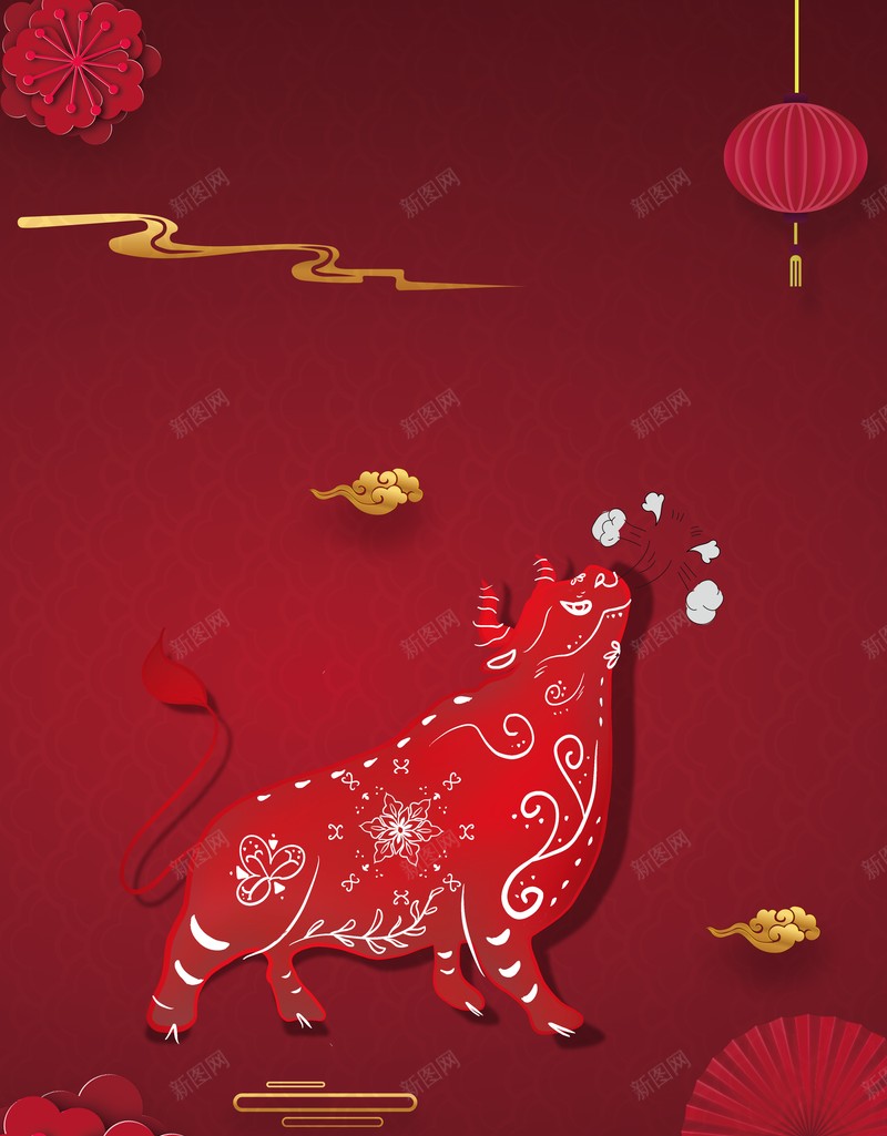 元旦春节剪纸牛花朵灯笼祥云中国风背景psd高清背景_新图网 https://ixintu.com 元旦 春节 剪纸牛 花朵 灯笼 祥云 中国风背景