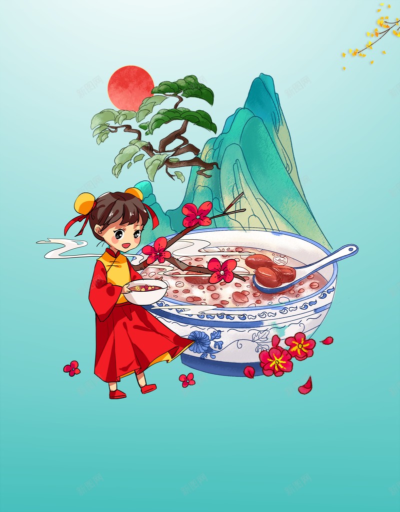 腊八节背景腊八粥手绘人物国潮背景花朵psd设计背景_新图网 https://ixintu.com 国潮背景 国潮背景墙 手绘人物 腊八粥 腊八节背景 花朵