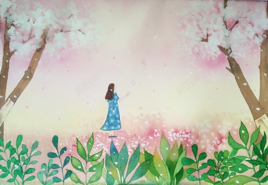 春天背景手绘樱花手绘人物绿叶背景