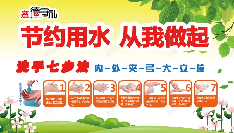 节约用水从我做起psd设计背景_新图网 https://ixintu.com 校园 洗手七步法 省水 节约用水 遵德守礼