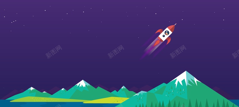 现代科技背景psd设计背景_新图网 https://ixintu.com 火箭 蓝色 星空 山 扁平 海报banner 星云 星海 星际 渐变 几何