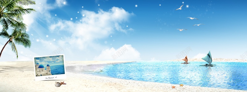海洋背景jpg设计背景_新图网 https://ixintu.com 海洋 相册 帆船 海鸥 天空 芭蕉树 海报banner 其他