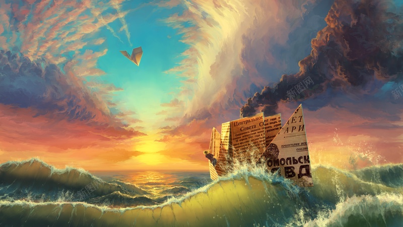 手绘纸飞机纸船大浪夕阳天空jpg设计背景_新图网 https://ixintu.com 手绘 纸飞机 纸船 大浪 夕阳 天空