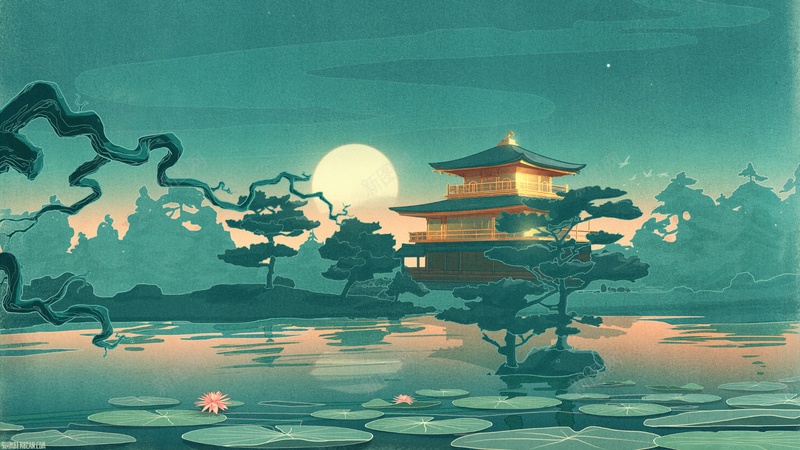 国潮湖面荷花月光jpg设计背景_新图网 https://ixintu.com 国潮 国潮背景墙 月光 湖面 荷花