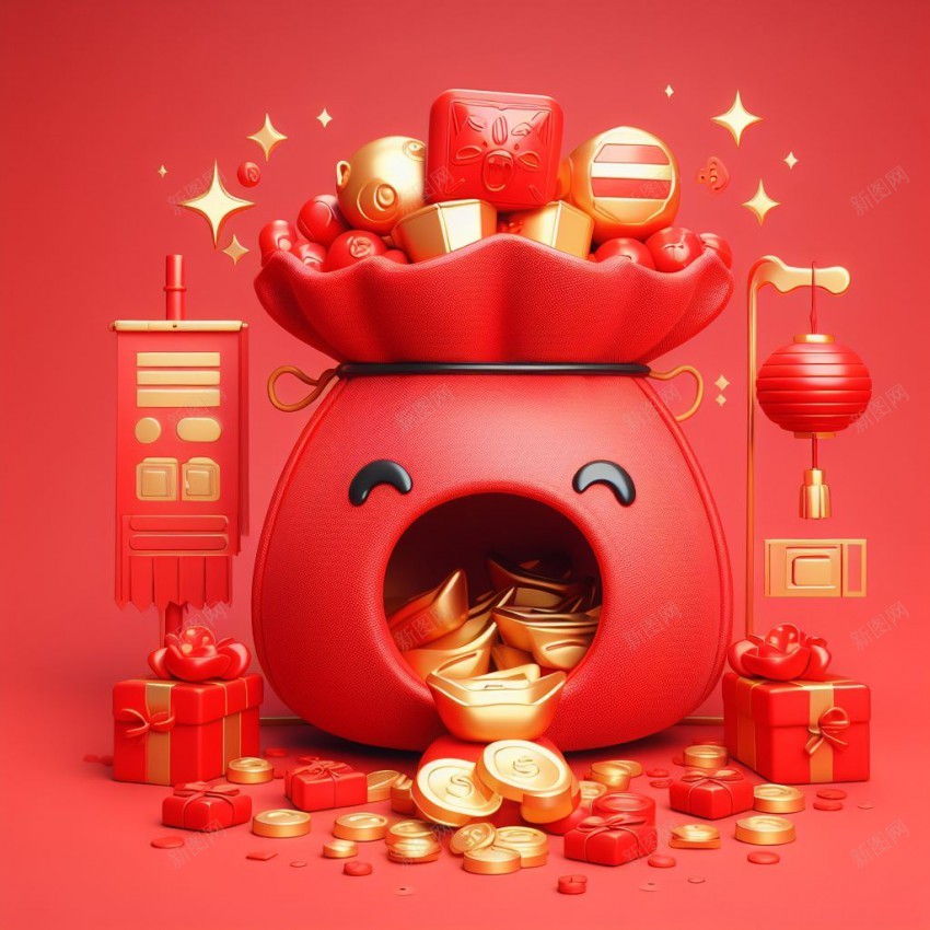 吐金币的新年福袋插图jpg设计背景_新图网 https://ixintu.com 福袋 新年福袋 新年装饰 元宝 金币