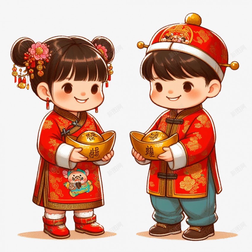 抱着元宝的孩子插画风png免抠素材_新图网 https://ixintu.com 抱着 元宝 孩子 插画 春节 新年男孩女孩 新年元素 2024新年元素