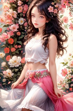 一个在花丛中穿着裙子的女孩海报