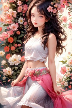 一个在花丛中穿着裙子的女孩海报
