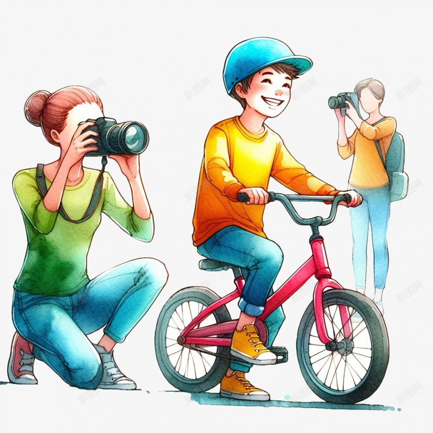 家庭出游摄影插画png免抠素材_新图网 https://ixintu.com 家庭 出游 插画 春游 骑车男孩 拍照女孩 摄影