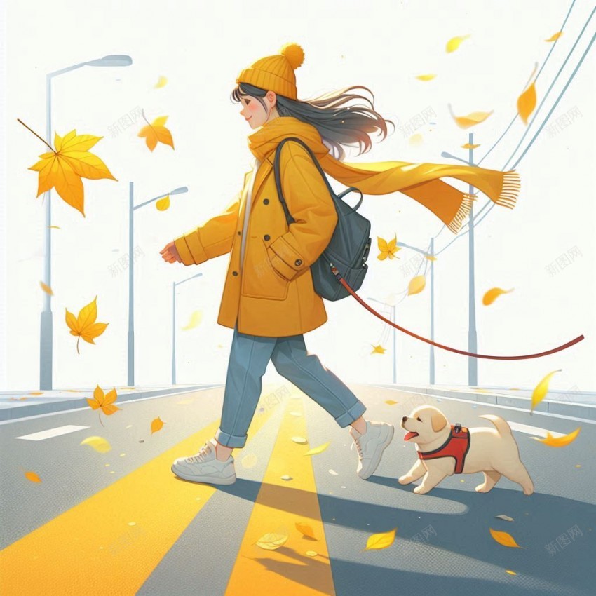 秋天走在路上的女孩png免抠素材_新图网 https://ixintu.com 女孩 带着 狗狗 走着 秋季元素