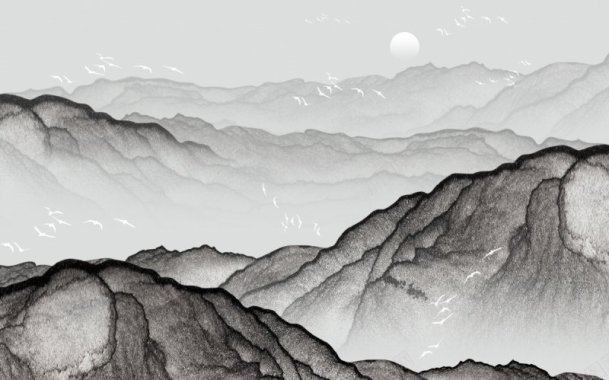 新中式山水古典中国风装饰画插画图艺术山脉背景图PS背景