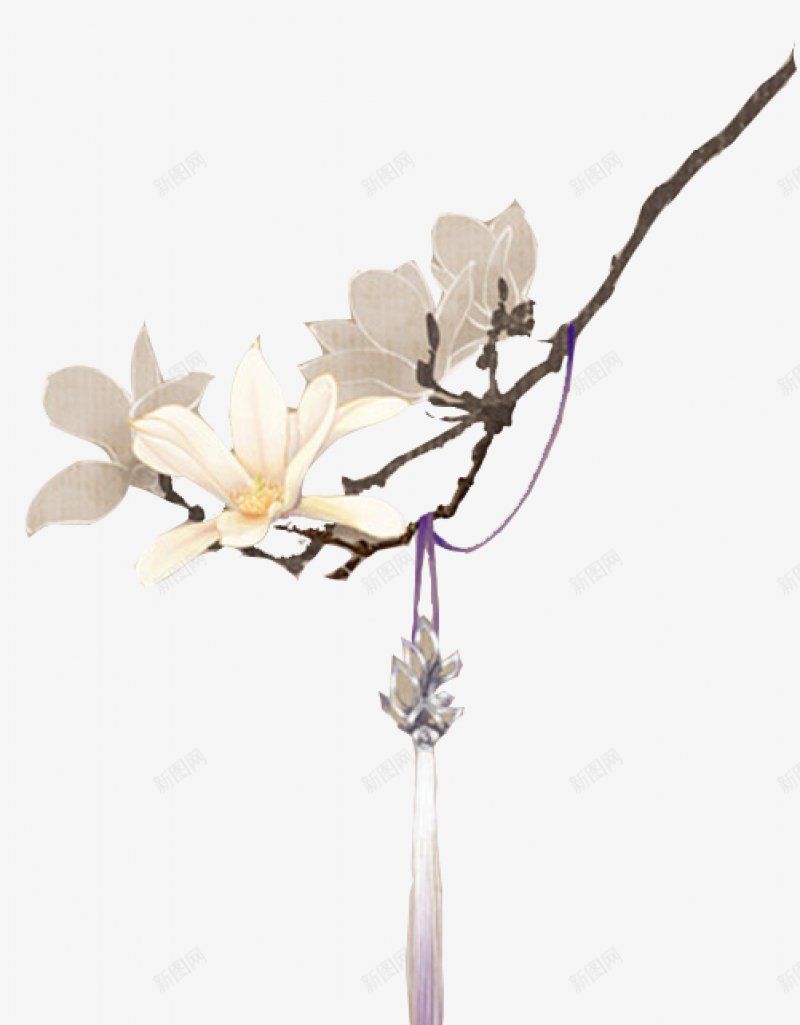 古风花枝花朵花蝴蝶等装饰png免抠素材_新图网 https://ixintu.com 古风 流苏 手绘 花枝 花朵 花蝴蝶 紫色丝带 吊坠 树枝 树木 花枝背景 花朵元素
