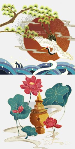 手绘东方文化传统国潮吉祥图案仙鹤插图素材
