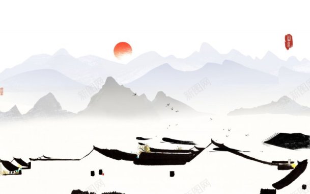 新中式山水古典中国风装饰画插画图艺术山脉背景图PS背景