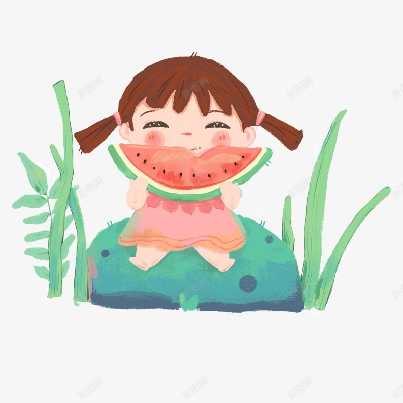卡通手绘夏日吃西瓜的女孩图透明底PSDpng免抠素材_新图网 https://ixintu.com PSD 透明底
