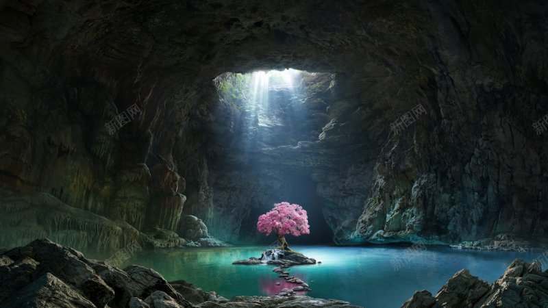 创意合成参考大图山洞樱花树粉色树枝山崖山水风jpg_新图网 https://ixintu.com 云海 大自然 天空 山水 建筑 摄影的艺术 森林 水彩 背景