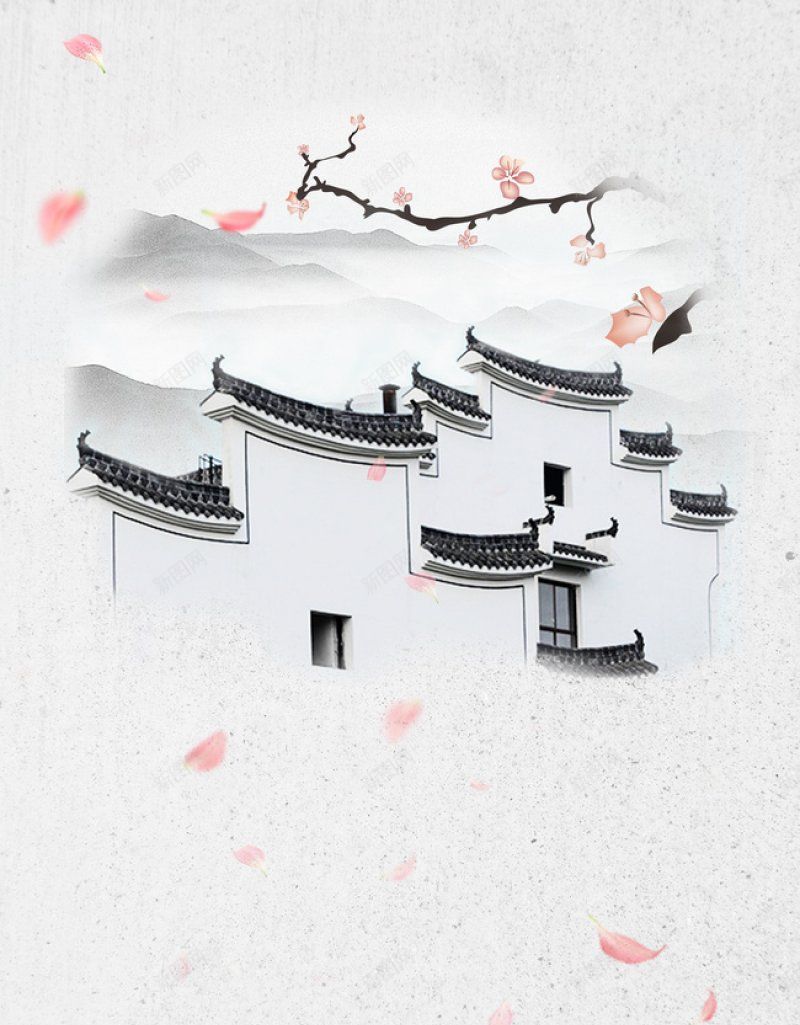 水墨意境江南水乡徽派建筑海报古风溶图jpg设计背景_新图网 https://ixintu.com 古风溶图